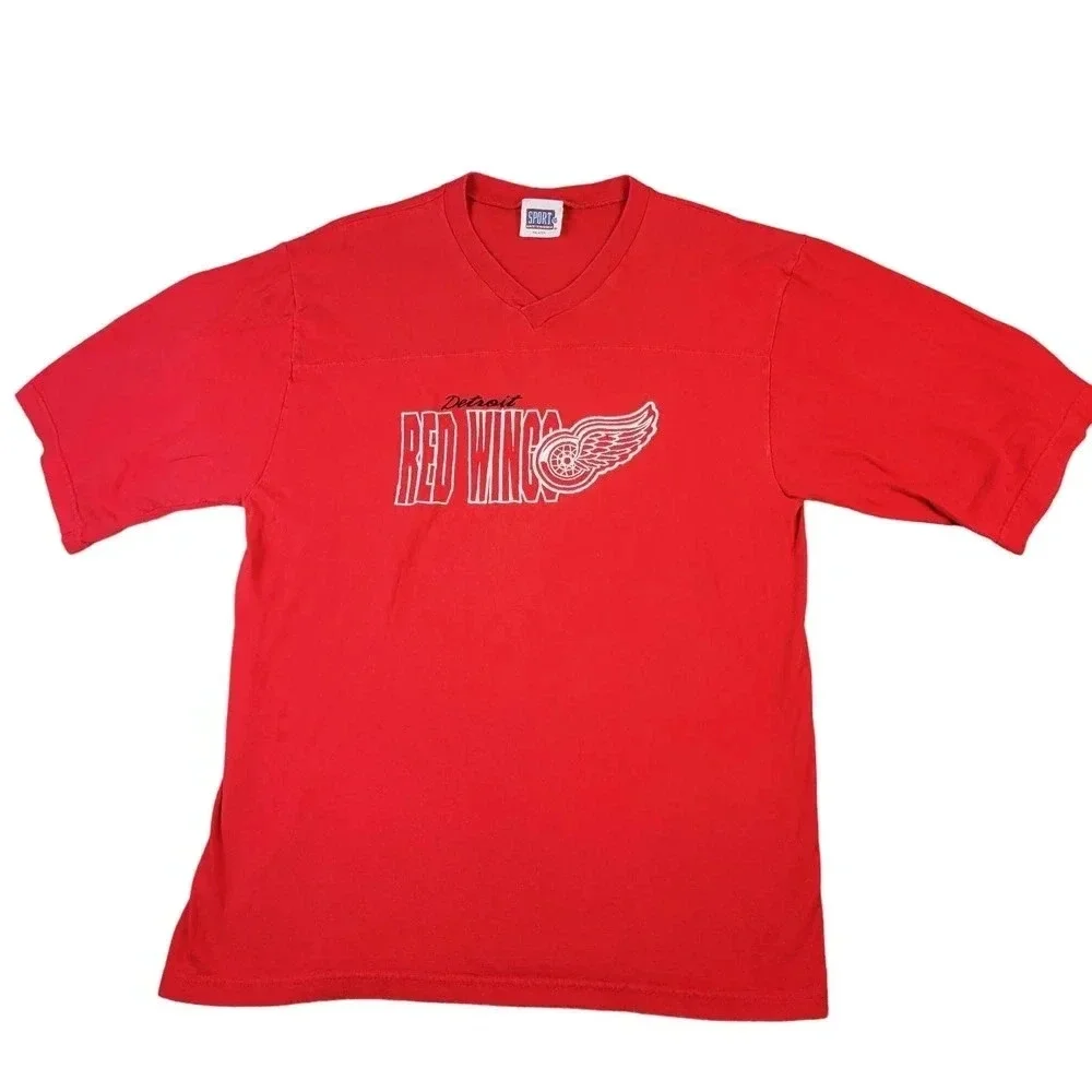 Vintage 90's NHL Detroit Red Wings T-Shirt Men's Size L Short Sleeve Vneck Red - Picture 1 of 9